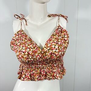 NWT Sim & Sam Pink Orange Brown Floral Smocked Ruffled Cami Spaghetti Strap Sz S